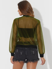 Sheer Mesh Shiny Long Sleeve See Through Zip Up Jacket