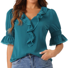 Ruffle Puff Sleeve Lace Trim Chiffon Peasant Blouse