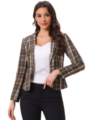 Business Casual Open Front Notch Lapel Plaid Suit Blazer