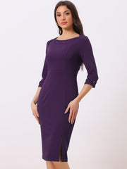 Elegant Boat Neck 3/4 Sleeves Work Midi Split Sheath Dress
