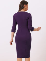 Elegant Boat Neck 3/4 Sleeves Work Midi Split Sheath Dress