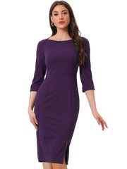 Elegant Boat Neck 3/4 Sleeves Work Midi Split Sheath Dress
