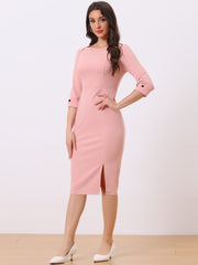 Elegant Boat Neck 3/4 Sleeves Work Midi Split Sheath Dress