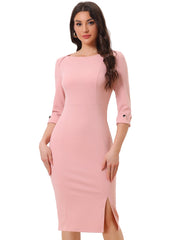 Elegant Boat Neck 3/4 Sleeves Work Midi Split Sheath Dress
