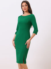 Elegant Boat Neck 3/4 Sleeves Work Midi Split Sheath Dress