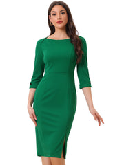 Elegant Boat Neck 3/4 Sleeves Work Midi Split Sheath Dress