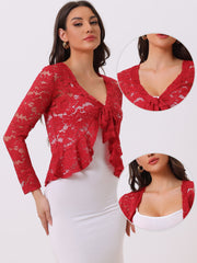Floral Lace Shrug Tie Front Ruffled Hem Sheer Crop Bolero