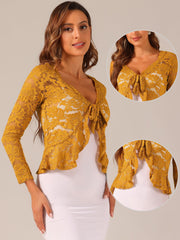 Floral Lace Shrug Tie Front Ruffled Hem Sheer Crop Bolero