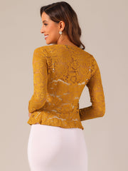 Floral Lace Shrug Tie Front Ruffled Hem Sheer Crop Bolero