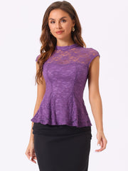 Crochet Peplum Floral Mock Neck Cap Sleeve Lace Blouse