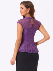 Crochet Peplum Floral Mock Neck Cap Sleeve Lace Blouse