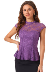 Crochet Peplum Floral Mock Neck Cap Sleeve Lace Blouse
