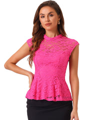 Crochet Peplum Floral Mock Neck Cap Sleeve Lace Blouse