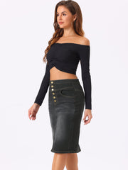 Denim Pencil Button High Waist Split Hem Casual Midi Jean Skirts