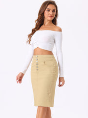 Denim Pencil Button High Waist Split Hem Casual Midi Jean Skirts