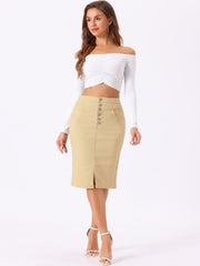 Denim Pencil Button High Waist Split Hem Casual Midi Jean Skirts