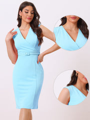Solid Color V Neck Sleeveless Belted Business Office Midi Sheath Dress