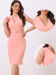 Solid Color V Neck Sleeveless Belted Business Office Midi Sheath Dress