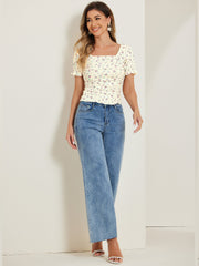 Smocked Crop Top Slim Fit Peasant Floral Blouse