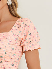Smocked Crop Top Slim Fit Peasant Floral Blouse