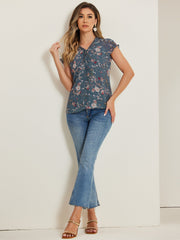 Ditsy Floral Print Chiffon Short Sleeve Ruffle Blouse