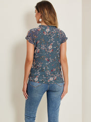Ditsy Floral Print Chiffon Short Sleeve Ruffle Blouse