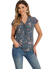 Ditsy Floral Print Chiffon Short Sleeve Ruffle Blouse