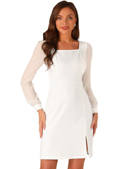 Elegant Mesh Sleeve Split Side A-Line Casual Square Neck Dress
