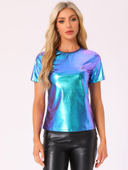 Glitter Metallic Short Sleeve Shiny Multicolor Blouse