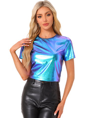 Glitter Metallic Short Sleeve Shiny Multicolor Blouse
