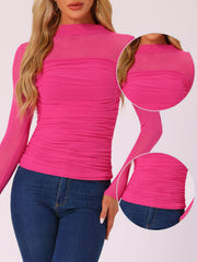 Mesh Solid Long Sleeve Mock Neck Sheer Panel Side Shirring Top