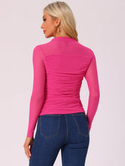 Mesh Solid Long Sleeve Mock Neck Sheer Panel Side Shirring Top