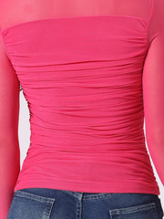 Mesh Solid Long Sleeve Mock Neck Sheer Panel Side Shirring Top
