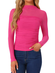 Mesh Solid Long Sleeve Mock Neck Sheer Panel Side Shirring Top