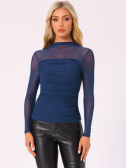 Mesh Solid Long Sleeve Mock Neck Sheer Panel Side Shirring Top
