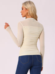 Mesh Solid Long Sleeve Mock Neck Sheer Panel Side Shirring Top