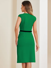 Elegant Business Cap Sleeve Belted Pencil Work Sheath Dress