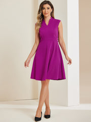 Office V Neck Work Sleeveless A-line Midi Solid Belted Dress