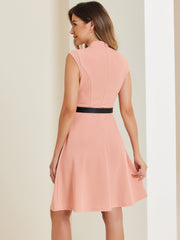Office V Neck Work Sleeveless A-line Midi Solid Belted Dress