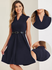 Office V Neck Work Sleeveless A-line Midi Solid Belted Dress