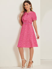 Peter Pan Collar Tie Neck Short Sleeve A-Line Belted Floral Dress
