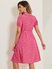 Peter Pan Collar Tie Neck Short Sleeve A-Line Belted Floral Dress