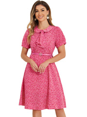 Peter Pan Collar Tie Neck Short Sleeve A-Line Belted Floral Dress