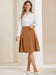 Women's A-Line Belted Waist Casual Midi Flare Pleated Skirt