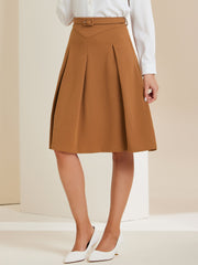 Women's A-Line Belted Waist Casual Midi Flare Pleated Skirt