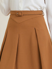 Women's A-Line Belted Waist Casual Midi Flare Pleated Skirt