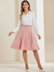 Women's A-Line Belted Waist Casual Midi Flare Pleated Skirt