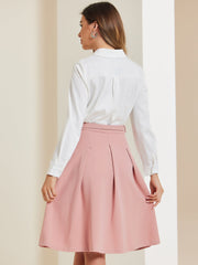 Women's A-Line Belted Waist Casual Midi Flare Pleated Skirt