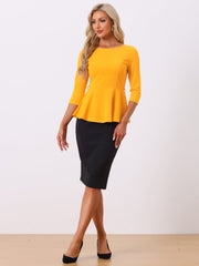 3/4 Sleeve Belted Peplum Elegant Business Work Blouse