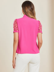 Bow Tie V Neck Stand Collar Short Mesh Sleeve Blouse